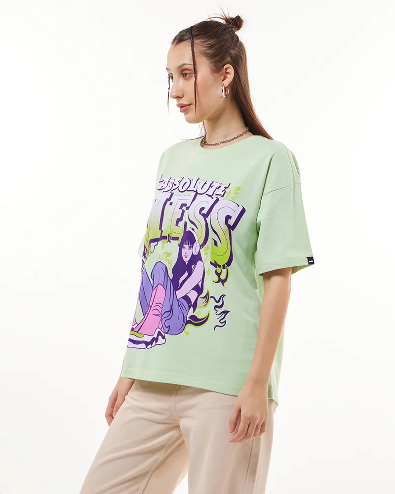 bewakoof Women's Green Absolute Mess Graphic Printed Oversized T-shirt